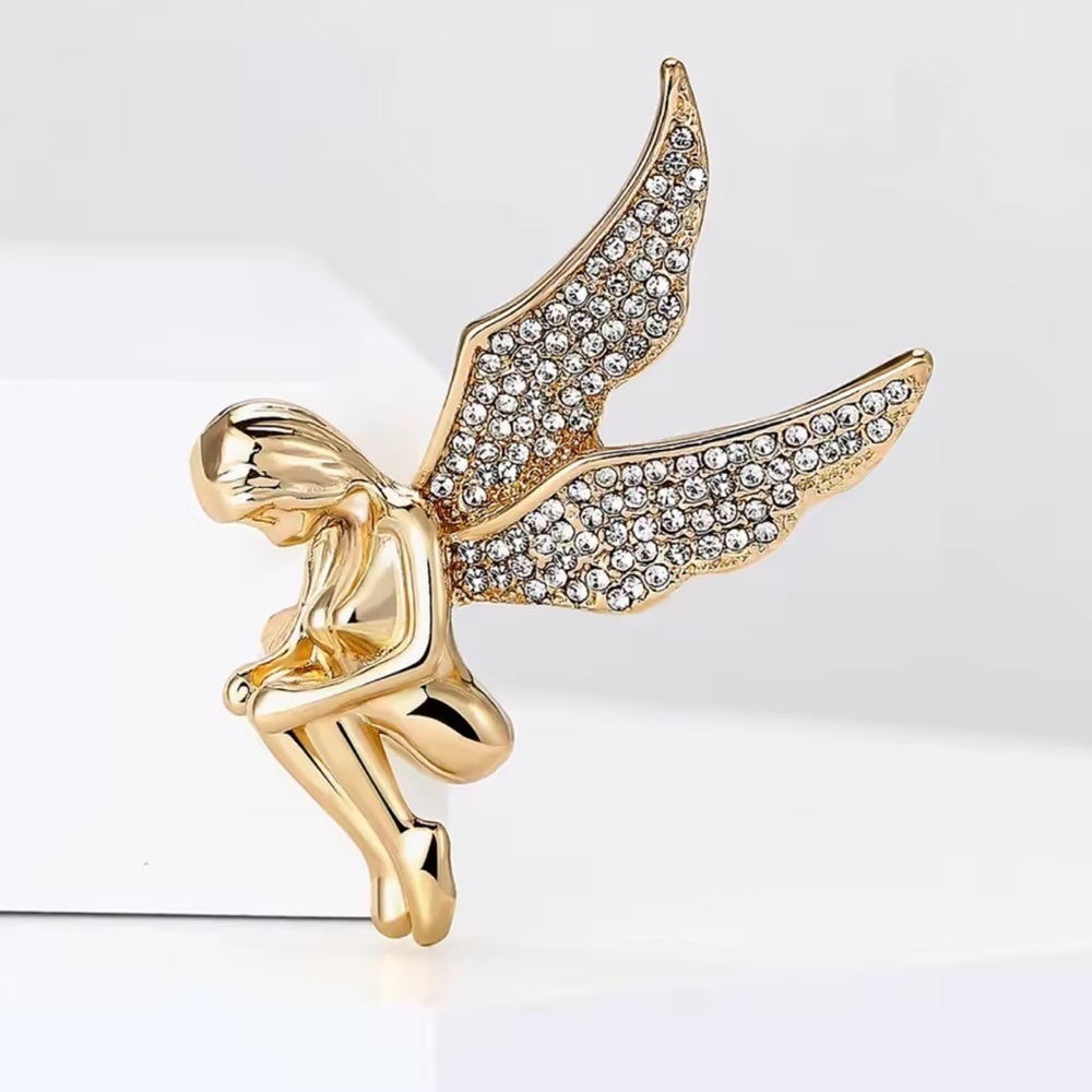 Guardian Angel Wings Crystal Gold Brooch